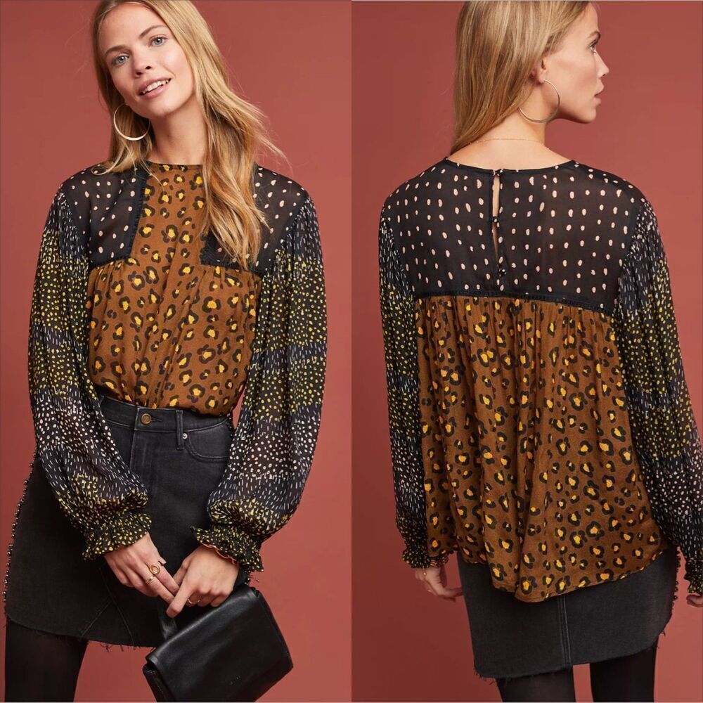 Anthropologie Blank London Eclectic Leopard Peasant Blouse Size XS Patchwork